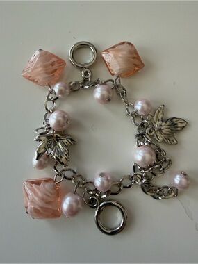 Silver Charm Bracelet with Pink/Peach Crystal & Pink Pearl Accents
